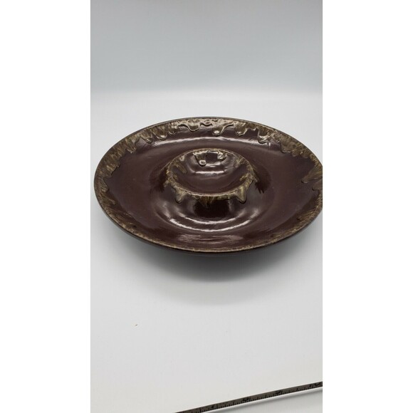 Vintage Chip & Dip Pottery Serving Bowl Brown Drip Glaze Marked LF - Picture 8 of 12